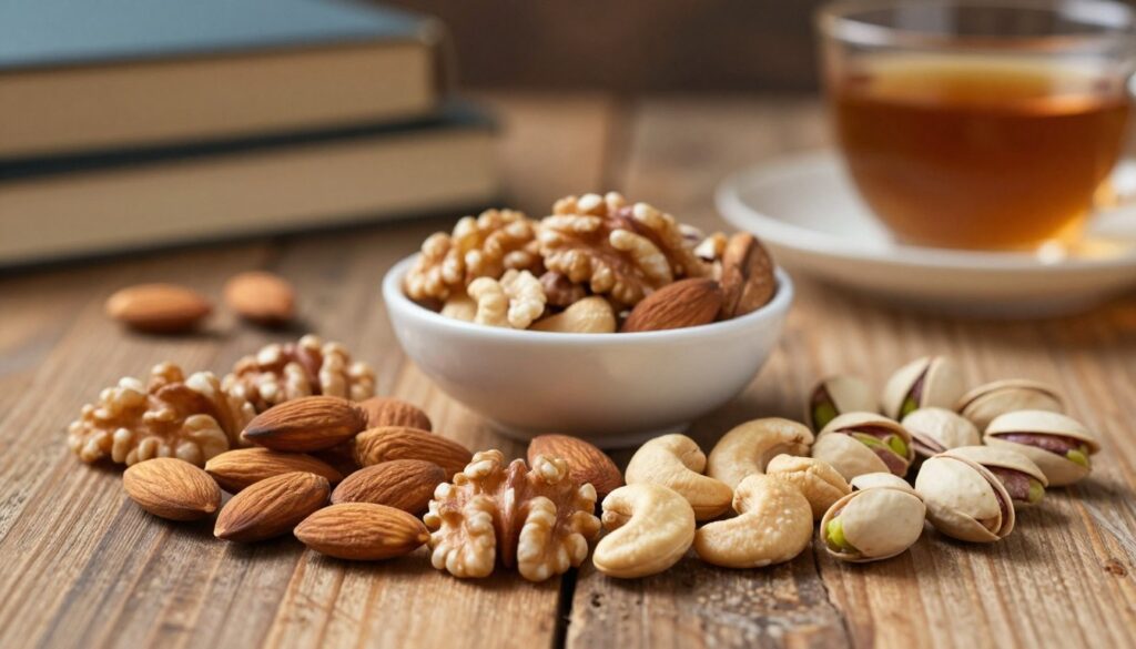 A beautifully arranged assortment of various nuts that boost brain power, featuring almonds, walnuts, cashews, and pistachios on a rustic wooden table. In the foreground, focus on the textures and colors of the nuts, showcasing their natural sheen and unique shapes. In the middle, include a small, elegant bowl filled with mixed nuts and a few scattered nuts around for visual interest. The background should be softly blurred, hinting at a cozy study environment with books and a warm cup of herbal tea. The lighting is warm and inviting, creating a tranquil atmosphere conducive to studying. Capture the essence of focus and nourishment, designed to evoke motivation and alertness during study sessions. A beautifully arranged assortment of various nuts that boost brain power, featuring almonds, walnuts, cashews, and pistachios on a rustic wooden table. In the foreground, focus on the textures and colors of the nuts, showcasing their natural sheen and unique shapes. In the middle, include a small, elegant bowl filled with mixed nuts and a few scattered nuts around for visual interest. The background should be softly blurred, hinting at a cozy study environment with books and a warm cup of herbal tea. The lighting is warm and inviting, creating a tranquil atmosphere conducive to studying. Capture the essence of focus and nourishment, designed to evoke motivation and alertness during study sessions.