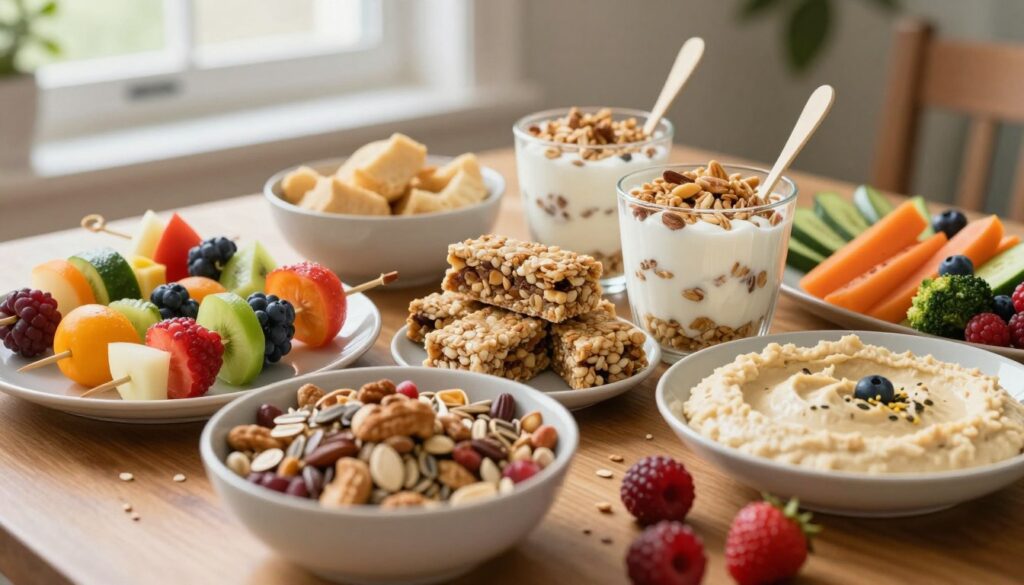 A beautifully arranged table featuring a variety of healthy snacks ideal for NCLEX study sessions, such as colorful fruit skewers, homemade energy bars, Greek yogurt parfaits topped with granola, and a vibrant veggie platter with hummus. The foreground showcases a close-up of a bowl of mixed nuts and seeds, with fresh berries scattered around for added color. In the background, soft natural light filters through a window, creating a warm and inviting atmosphere. The scene is captured from a slightly elevated angle, emphasizing the tempting textures and colors of the snacks. The mood is energizing and focused, perfect for promoting optimal performance during study sessions. A beautifully arranged table featuring a variety of healthy snacks ideal for NCLEX study sessions, such as colorful fruit skewers, homemade energy bars, Greek yogurt parfaits topped with granola, and a vibrant veggie platter with hummus. The foreground showcases a close-up of a bowl of mixed nuts and seeds, with fresh berries scattered around for added color. In the background, soft natural light filters through a window, creating a warm and inviting atmosphere. The scene is captured from a slightly elevated angle, emphasizing the tempting textures and colors of the snacks. The mood is energizing and focused, perfect for promoting optimal performance during study sessions.