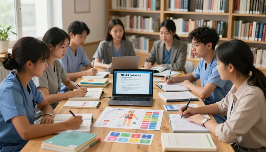 A bright and focused study space designed for NCLEX pediatrics preparation. In the foreground, a diverse group of nursing students is engaged in a lively study session, dressed in professional business attire, surrounded by pediatric textbooks, study guides, and colorful flashcards. In the middle, a large wooden table is filled with diagrams of pediatric anatomy, vaccinations charts, and a laptop displaying NCLEX practice questions. The background features a soft-focus, well-lit library with shelves full of medical literature and an open window allowing natural light to illuminate the scene. The atmosphere is energetic and collaborative, evoking a sense of urgency and focus, with warm lighting that enhances the study environment.