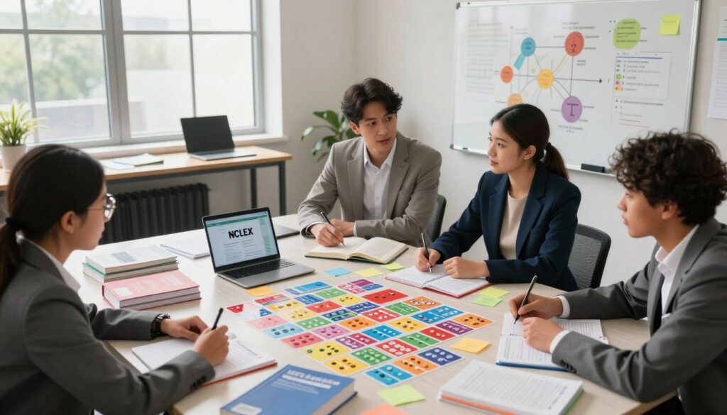 A bright and inviting study space showcasing effective NCLEX pharmacology study techniques. In the foreground, a diverse group of three students, dressed in professional business attire, are actively engaged in a study discussion around a large, cluttered table filled with colorful flashcards, pharmacology textbooks, and sticky notes. The middle layer includes educational materials such as diagrams of drug classifications and interactive learning tools like a whiteboard with color-coded mind maps. In the background, a large window allows natural light to illuminate the scene, casting soft shadows. The atmosphere is focused and collaborative, reflecting an environment of active learning and engagement. The composition should evoke a sense of motivation and creativity, captured from a slightly elevated angle to give a comprehensive view of the productive study session. A bright and inviting study space showcasing effective NCLEX pharmacology study techniques. In the foreground, a diverse group of three students, dressed in professional business attire, are actively engaged in a study discussion around a large, cluttered table filled with colorful flashcards, pharmacology textbooks, and sticky notes. The middle layer includes educational materials such as diagrams of drug classifications and interactive learning tools like a whiteboard with color-coded mind maps. In the background, a large window allows natural light to illuminate the scene, casting soft shadows. The atmosphere is focused and collaborative, reflecting an environment of active learning and engagement. The composition should evoke a sense of motivation and creativity, captured from a slightly elevated angle to give a comprehensive view of the productive study session.