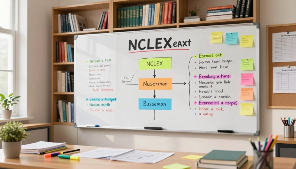 A bright and vibrant study room, featuring a large whiteboard filled with key nursing concepts for the NCLEX exam. The foreground has a colorful array of sticky notes and highlighters scattered across a wooden desk. The middle shows the whiteboard, meticulously organized, displaying diagrams of the nursing process, medication calculations, and essential nursing interventions in bright markers. The background is warmly lit, showcasing bookshelves filled with nursing textbooks and a corkboard with pinned study materials. The atmosphere is focused and motivational, reflecting a sense of preparation and dedication. The image captures the essence of effective studying for nursing students, emphasizing clarity and organization in their exam strategy, all showcased under soft, natural lighting from a nearby window.