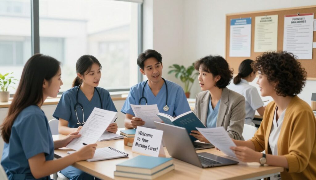 A bright, modern office space filled with a sense of optimism and professionalism. In the foreground, a diverse group of newly licensed nurses in smart business casual attire engage in focused discussions, looking at resumes and nursing journals. Their expressions portray excitement and determination. The middle ground features a large window with natural light streaming in, illuminating a table cluttered with nursing textbooks, a laptop, and a "Welcome to Your Nursing Career!" sign. In the background, a bulletin board showcases job postings and career opportunities in healthcare. The atmosphere is vibrant and motivational, embodying the transition from education to professional life. Soft, warm lighting enhances the welcoming feel, captured from an angled perspective to highlight the collaborative environment and joyous anticipation of future nursing roles. A bright, modern office space filled with a sense of optimism and professionalism. In the foreground, a diverse group of newly licensed nurses in smart business casual attire engage in focused discussions, looking at resumes and nursing journals. Their expressions portray excitement and determination. The middle ground features a large window with natural light streaming in, illuminating a table cluttered with nursing textbooks, a laptop, and a "Welcome to Your Nursing Career!" sign. In the background, a bulletin board showcases job postings and career opportunities in healthcare. The atmosphere is vibrant and motivational, embodying the transition from education to professional life. Soft, warm lighting enhances the welcoming feel, captured from an angled perspective to highlight the collaborative environment and joyous anticipation of future nursing roles.