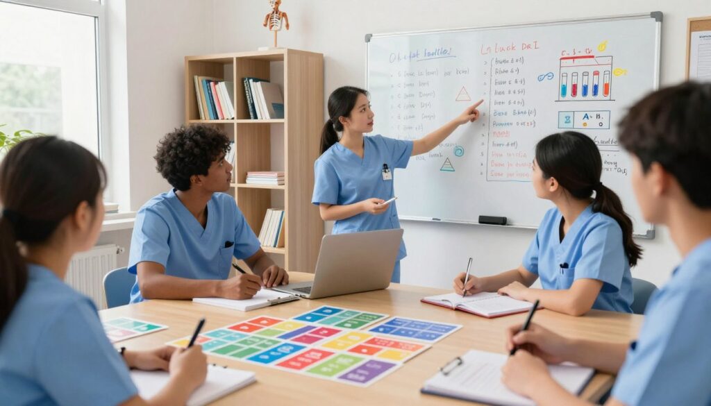 A bright, modern study environment showcasing a diverse group of nursing students engaged in active learning. In the foreground, a colorful and organized study table filled with visual aids like colorful flashcards, charts with lab values, and diagrams illustrating blood test results. In the middle, a focused student, a young woman in professional attire, pointing to a large whiteboard filled with handwritten notes and colorful illustrations highlighting key lab values, surrounded by supportive classmates taking notes. The background features shelves filled with medical textbooks and anatomical models, with soft, natural light streaming in from a nearby window, creating an inspiring and collaborative atmosphere that emphasizes effective memorization strategies. The camera angle is slightly elevated, capturing a dynamic and engaging learning space. A bright, modern study environment showcasing a diverse group of nursing students engaged in active learning. In the foreground, a colorful and organized study table filled with visual aids like colorful flashcards, charts with lab values, and diagrams illustrating blood test results. In the middle, a focused student, a young woman in professional attire, pointing to a large whiteboard filled with handwritten notes and colorful illustrations highlighting key lab values, surrounded by supportive classmates taking notes. The background features shelves filled with medical textbooks and anatomical models, with soft, natural light streaming in from a nearby window, creating an inspiring and collaborative atmosphere that emphasizes effective memorization strategies. The camera angle is slightly elevated, capturing a dynamic and engaging learning space.