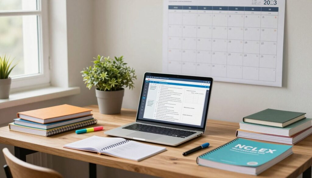 A bright, organized study space is set in the foreground, featuring a wooden desk cluttered with colorful notebooks, highlighters, and medical textbooks specifically labeled for NCLEX med surg studying. A laptop with an open digital study plan is in the center, with charts and concepts visible. In the middle, a potted plant adds a touch of greenery, while a large wall calendar displaying a study schedule serves as a reminder in the background. Soft natural light filters through a window, creating a warm and inviting atmosphere. The scene elegantly captures the essence of structured learning, embodying focus and productivity. Aim for a warm color palette that invokes motivation and clarity. A bright, organized study space is set in the foreground, featuring a wooden desk cluttered with colorful notebooks, highlighters, and medical textbooks specifically labeled for NCLEX med surg studying. A laptop with an open digital study plan is in the center, with charts and concepts visible. In the middle, a potted plant adds a touch of greenery, while a large wall calendar displaying a study schedule serves as a reminder in the background. Soft natural light filters through a window, creating a warm and inviting atmosphere. The scene elegantly captures the essence of structured learning, embodying focus and productivity. Aim for a warm color palette that invokes motivation and clarity.