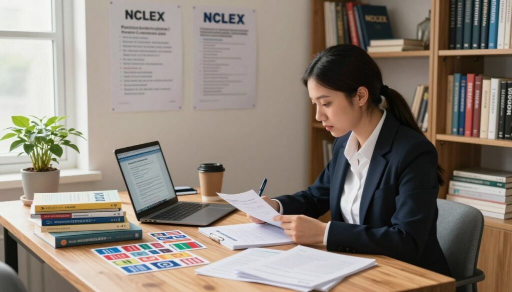 A bright, well-lit study room with a wooden desk cluttered with NCLEX study materials, including textbooks, flashcards, and a laptop open to a practice exam. In the foreground, a focused nursing student, dressed in professional business attire, sits at the desk, reviewing practice questions. The middle ground features motivational posters on the walls illustrating key study strategies, with a potted plant and a coffee cup adding a cozy touch. The background is lined with bookshelves filled with nursing textbooks, emphasizing a serious study atmosphere. Soft natural light filters through a nearby window, casting a warm glow, creating a positive and determined mood for success in test preparation.