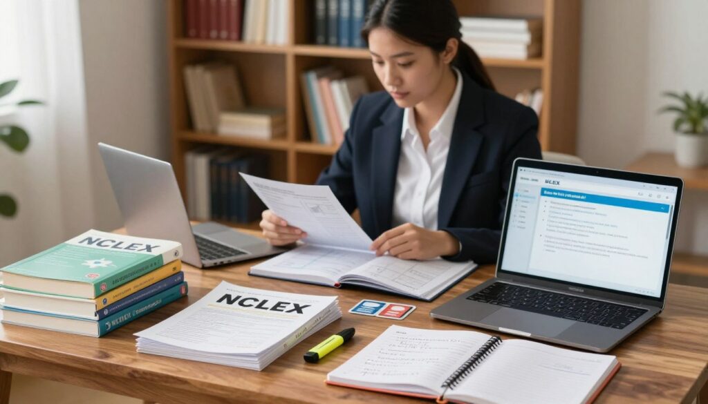 A brightly lit study space dedicated to NCLEX preparation. In the foreground, a polished wooden table is stacked with well-organized NCLEX study materials, including textbooks, flashcards, and a laptop displaying the UWorld interface. A highlighter and a notebook with handwritten notes are positioned near the laptop. In the middle ground, a focused nursing student, dressed in professional business attire, is intently reviewing the materials, surrounded by a few visual study aids like diagrams and charts. In the background, a cozy bookshelf filled with nursing textbooks and reference guides is softly lit, adding a warm, inviting atmosphere. The image conveys a sense of determination and professionalism, ideal for highlighting the importance of effective study resources. A brightly lit study space dedicated to NCLEX preparation. In the foreground, a polished wooden table is stacked with well-organized NCLEX study materials, including textbooks, flashcards, and a laptop displaying the UWorld interface. A highlighter and a notebook with handwritten notes are positioned near the laptop. In the middle ground, a focused nursing student, dressed in professional business attire, is intently reviewing the materials, surrounded by a few visual study aids like diagrams and charts. In the background, a cozy bookshelf filled with nursing textbooks and reference guides is softly lit, adding a warm, inviting atmosphere. The image conveys a sense of determination and professionalism, ideal for highlighting the importance of effective study resources.
