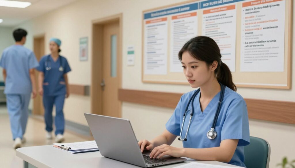 A busy hospital environment showcasing a graduate nurse actively engaging in a job search. In the foreground, a focused young woman in scrubs, with a stethoscope around her neck, is sitting at a desk with a laptop, browsing job listings. The middle of the image features a bulletin board filled with nursing job postings and motivational quotes about starting a nursing career. In the background, nurses and healthcare professionals bustle through a well-lit clinical hallway, contributing to a dynamic atmosphere. The scene is illuminated with soft, warm lighting, creating an inviting yet professional feel. The angle is slightly elevated, capturing the essence of determination and opportunity in the nursing field, highlighting the transition from student to professional nurse. A busy hospital environment showcasing a graduate nurse actively engaging in a job search. In the foreground, a focused young woman in scrubs, with a stethoscope around her neck, is sitting at a desk with a laptop, browsing job listings. The middle of the image features a bulletin board filled with nursing job postings and motivational quotes about starting a nursing career. In the background, nurses and healthcare professionals bustle through a well-lit clinical hallway, contributing to a dynamic atmosphere. The scene is illuminated with soft, warm lighting, creating an inviting yet professional feel. The angle is slightly elevated, capturing the essence of determination and opportunity in the nursing field, highlighting the transition from student to professional nurse.