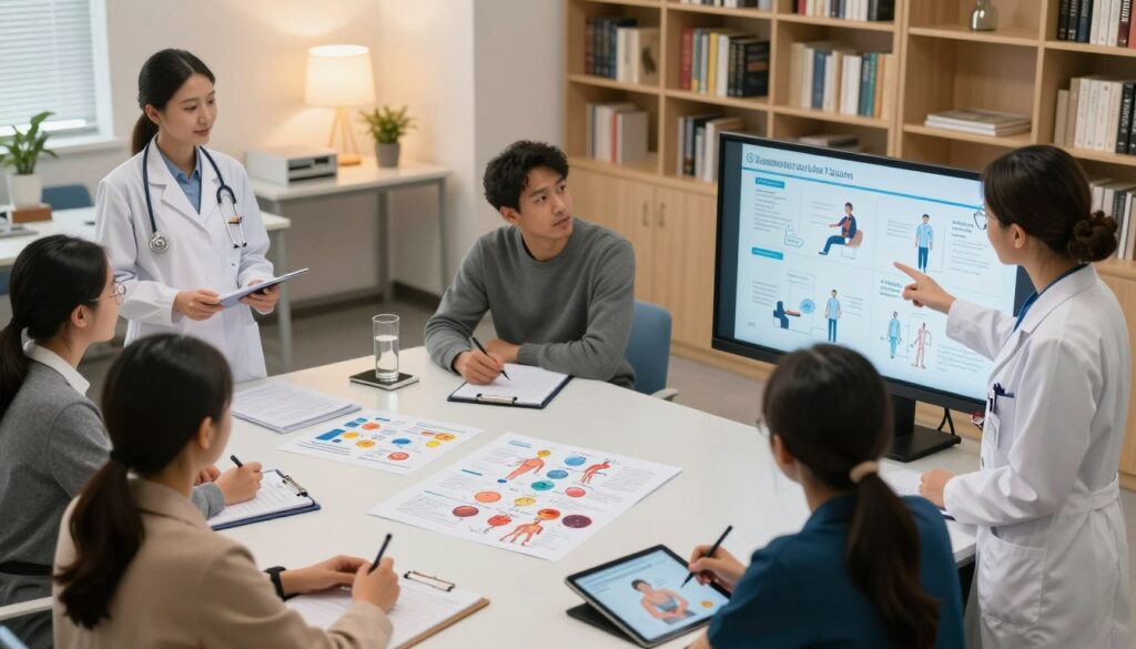 A calm and focused nursing environment showcasing a diverse group of nursing students engaged in a case study analysis. In the foreground, a nurse educator stands at a table, pointing to a large digital display screen showing complex patient scenarios. The students, dressed in professional business attire, are deeply engaged, with notepads and tablets in hand. The middle section features a well-organized classroom with clinical diagrams and case study materials scattered around. The background highlights a soft-lit, modern classroom with bookshelves filled with nursing textbooks. The lighting is warm and inviting, creating a mood of collaboration and learning. The angle is slightly above eye-level, capturing the dynamic interaction among the participants.
