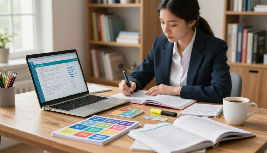 A carefully arranged NCLEX test bank study setting, prominently featuring a sleek wooden desk with an open laptop displaying a digital NCLEX question bank interface. In the foreground, colorful study materials like flashcards and textbooks are scattered artfully, with a highlighter and a cup of coffee nearby for a touch of comfort. The middle ground shows a focused nursing student in professional business attire, engaged in thoughtful study, writing notes. The background features a well-organized bookshelf filled with nursing textbooks and resources, softly illuminated by natural light streaming through a nearby window, creating a warm and inviting atmosphere. The lens captures a slight depth of field, emphasizing the student and study materials while subtly blurring the background. The overall mood is encouraging and motivational, perfect for students preparing for the NCLEX exam. A carefully arranged NCLEX test bank study setting, prominently featuring a sleek wooden desk with an open laptop displaying a digital NCLEX question bank interface. In the foreground, colorful study materials like flashcards and textbooks are scattered artfully, with a highlighter and a cup of coffee nearby for a touch of comfort. The middle ground shows a focused nursing student in professional business attire, engaged in thoughtful study, writing notes. The background features a well-organized bookshelf filled with nursing textbooks and resources, softly illuminated by natural light streaming through a nearby window, creating a warm and inviting atmosphere. The lens captures a slight depth of field, emphasizing the student and study materials while subtly blurring the background. The overall mood is encouraging and motivational, perfect for students preparing for the NCLEX exam.