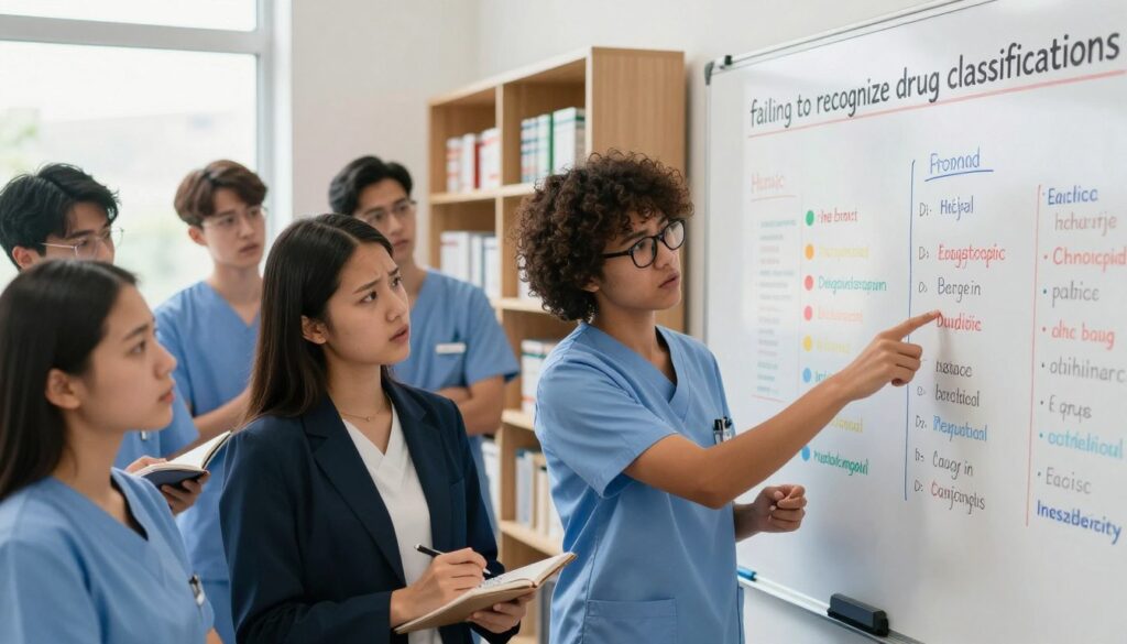 A classroom scene illustrating the concept of "failing to recognize drug classifications." In the foreground, a diverse group of nursing students, dressed in professional business attire, look puzzled while studying a whiteboard filled with colorful drug classifications and their uses. One student, with curly hair and glasses, points at an incorrectly labeled diagram, while another, with straight hair, takes notes with a worried expression. In the middle ground, shelves filled with textbooks about pharmacology and drug classifications add academic depth. The background features a window with natural light streaming in, creating a bright atmosphere. The mood is a blend of tension and urgency, emphasizing the importance of correctly understanding drug classifications to avoid mistakes in healthcare. Capture this moment from a slight angle to enhance the visual depth and focus on the students’ expressions. A classroom scene illustrating the concept of "failing to recognize drug classifications." In the foreground, a diverse group of nursing students, dressed in professional business attire, look puzzled while studying a whiteboard filled with colorful drug classifications and their uses. One student, with curly hair and glasses, points at an incorrectly labeled diagram, while another, with straight hair, takes notes with a worried expression. In the middle ground, shelves filled with textbooks about pharmacology and drug classifications add academic depth. The background features a window with natural light streaming in, creating a bright atmosphere. The mood is a blend of tension and urgency, emphasizing the importance of correctly understanding drug classifications to avoid mistakes in healthcare. Capture this moment from a slight angle to enhance the visual depth and focus on the students’ expressions.