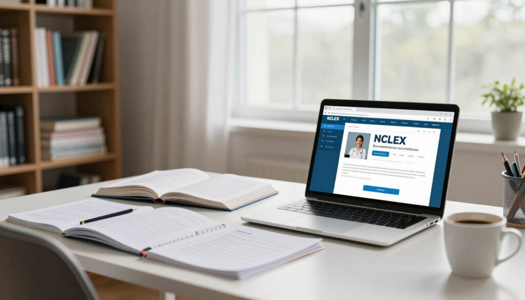 A clean and modern study space featuring a laptop displaying an NCLEX prep course interface on the screen. In the foreground, there is a neatly organized desk with study materials like notes, textbooks, and a cup of coffee. The middle ground includes a comfortable chair and a bookshelf filled with nursing textbooks and resources, creating an inviting atmosphere for study. In the background, large windows allow soft, natural light to filter in, illuminating the room and enhancing focus. The mood is calm and productive, emphasizing the importance of online learning for NCLEX preparation. The scene is framed with a slightly wide-angle view, showcasing the entire workspace while maintaining a professional appearance.