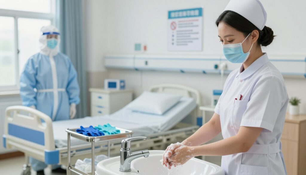 A clean and organized hospital room showcasing practical applications of infection control. In the foreground, a nurse in professional attire demonstrates proper hand hygiene, meticulously washing hands at a sink with soap and water. In the middle background, a hospital bed is surrounded by isolation equipment like gowns, masks, and gloves neatly arranged on a cart. On the wall, a clear notice board displays infection control guidelines. The lighting is bright and clinical, highlighting cleanliness and safety, while a soft focus adds warmth to the atmosphere. Through a window, soft daylight filters in, symbolizing hope and health. The overall feel should convey professionalism, cleanliness, and the importance of infection control in healthcare settings.