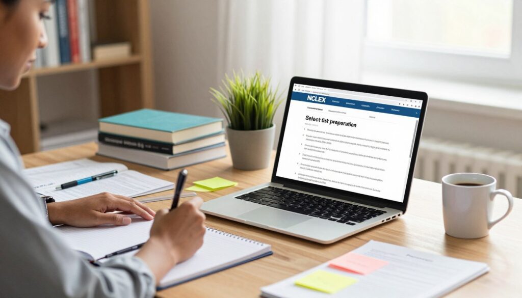 A clean and organized workspace featuring a wooden desk with a laptop open to a NCLEX exam preparation site. In the foreground, a person in professional business attire, a diverse individual focused and taking notes, surrounded by study materials, colorful sticky notes with tips, and a coffee mug. The middle ground includes stacked textbooks and a potted plant, adding a touch of greenery. In the background, a soft, blurred bookshelf with more educational resources, bathed in warm, natural light coming from a nearby window. The overall atmosphere is one of concentration and productivity, emphasizing strategies for tackling select-all-that-apply questions in a clear, engaging manner.