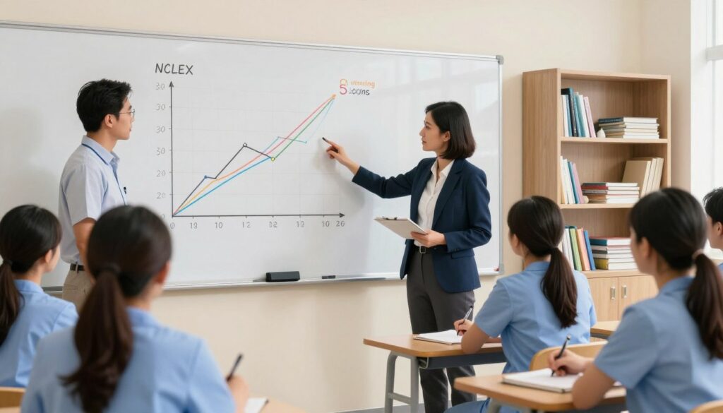 A clean, modern classroom setting focused on a large whiteboard displaying a detailed, colorful graph representing the NCLEX minimum passing score. In the foreground, a professional-looking educator stands beside the whiteboard, wearing smart business attire, pointing at the graph, illustrating the importance of the passing score. In the middle, a diverse group of attentive nursing students, also in professional attire, are engaged and taking notes, emphasizing the learning atmosphere. The background features shelves filled with nursing books and educational materials, bathed in warm, natural lighting that creates an inviting and focused mood. The overall atmosphere is one of determination and academic success, capturing the essence of learning how scores are calculated for the NCLEX. A clean, modern classroom setting focused on a large whiteboard displaying a detailed, colorful graph representing the NCLEX minimum passing score. In the foreground, a professional-looking educator stands beside the whiteboard, wearing smart business attire, pointing at the graph, illustrating the importance of the passing score. In the middle, a diverse group of attentive nursing students, also in professional attire, are engaged and taking notes, emphasizing the learning atmosphere. The background features shelves filled with nursing books and educational materials, bathed in warm, natural lighting that creates an inviting and focused mood. The overall atmosphere is one of determination and academic success, capturing the essence of learning how scores are calculated for the NCLEX.