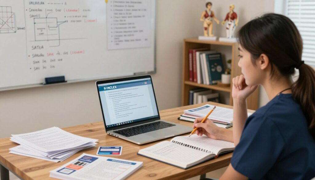A clean, organized study space featuring a wooden desk scattered with NCLEX review materials, including flashcards, a notebook with hand-written notes, and a laptop displaying a SATA question. In the foreground, a focused nursing student in professional attire, looking thoughtfully at the laptop screen, is holding a pencil. The middle ground showcases a whiteboard with diagrams and bullet points summarizing SATA question formats. The background includes a shelf filled with nursing textbooks and anatomical models, softly lit with warm lighting to create a cozy, focused atmosphere. The angle is slightly above eye-level, emphasizing the student's engagement with the material. The overall mood is studious and motivational, encouraging viewers to delve into NCLEX preparation.