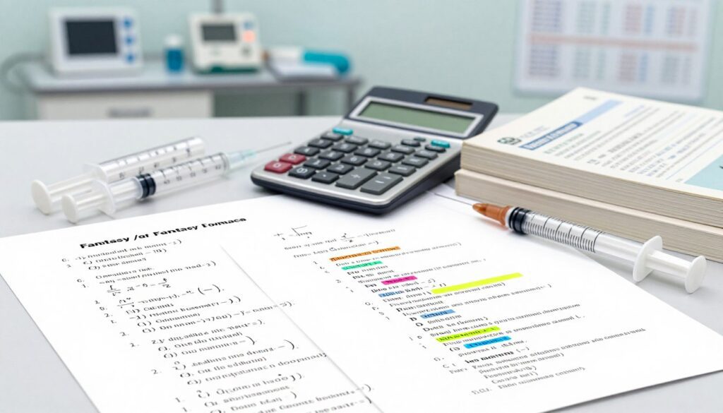 A clean, organized workspace showcasing a beautifully arranged set of medication calculation formulas. In the foreground, neatly written equations and calculations are on crisp white paper, with colorful highlighters tracking key elements. In the middle, a well-used calculator rests beside a stack of nursing textbooks and a set of measuring syringes, symbolizing the blend of calculation and nursing practice. The background features a blurred image of a clinical setting, with medical equipment and a chart, evoking a professional atmosphere. The lighting is soft but bright, suggesting clarity and focus, capturing the essence of learning and precision in medication calculations. The angle is slightly tilted for a dynamic view, emphasizing the importance of accuracy in healthcare. A clean, organized workspace showcasing a beautifully arranged set of medication calculation formulas. In the foreground, neatly written equations and calculations are on crisp white paper, with colorful highlighters tracking key elements. In the middle, a well-used calculator rests beside a stack of nursing textbooks and a set of measuring syringes, symbolizing the blend of calculation and nursing practice. The background features a blurred image of a clinical setting, with medical equipment and a chart, evoking a professional atmosphere. The lighting is soft but bright, suggesting clarity and focus, capturing the essence of learning and precision in medication calculations. The angle is slightly tilted for a dynamic view, emphasizing the importance of accuracy in healthcare.
