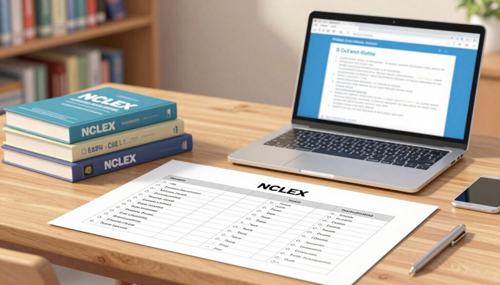 A clean, professional illustration of an NCLEX matrix question structure. In the foreground, feature a detailed depiction of a matrix question layout, showing rows and columns that clearly define various scenarios alongside multiple-choice options. The middle ground includes a well-organized desk with nursing textbooks and a laptop displaying study materials, creating a focused study atmosphere. Soft, warm lighting enhances the scene, suggesting a calming study environment. In the background, a blurred view of a library shelf filled with nursing resources adds depth and context. The overall mood is educational and supportive, conveying the seriousness of NCLEX exam preparation while making the matrix question structure visually engaging. A clean, professional illustration of an NCLEX matrix question structure. In the foreground, feature a detailed depiction of a matrix question layout, showing rows and columns that clearly define various scenarios alongside multiple-choice options. The middle ground includes a well-organized desk with nursing textbooks and a laptop displaying study materials, creating a focused study atmosphere. Soft, warm lighting enhances the scene, suggesting a calming study environment. In the background, a blurred view of a library shelf filled with nursing resources adds depth and context. The overall mood is educational and supportive, conveying the seriousness of NCLEX exam preparation while making the matrix question structure visually engaging.