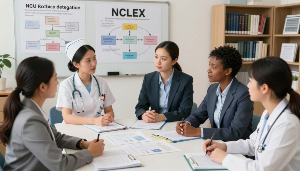 A clear and informative illustration depicting various NCLEX delegation questions. In the foreground, a diverse group of four healthcare professionals in professional business attire, including a nurse, a nurse manager, and a nursing student, engaged in a discussion around a table covered with NCLEX study materials and clinical scenarios. In the middle ground, include visual elements like charts and diagrams illustrating the delegation process and decision-making flowcharts. The background features a well-organized study environment with bookshelves filled with nursing textbooks and a whiteboard displaying key concepts. The lighting is bright and encouraging, creating a productive atmosphere. Use a slight overhead angle to capture the teamwork and engagement among the professionals while emphasizing the seriousness of the subject matter.