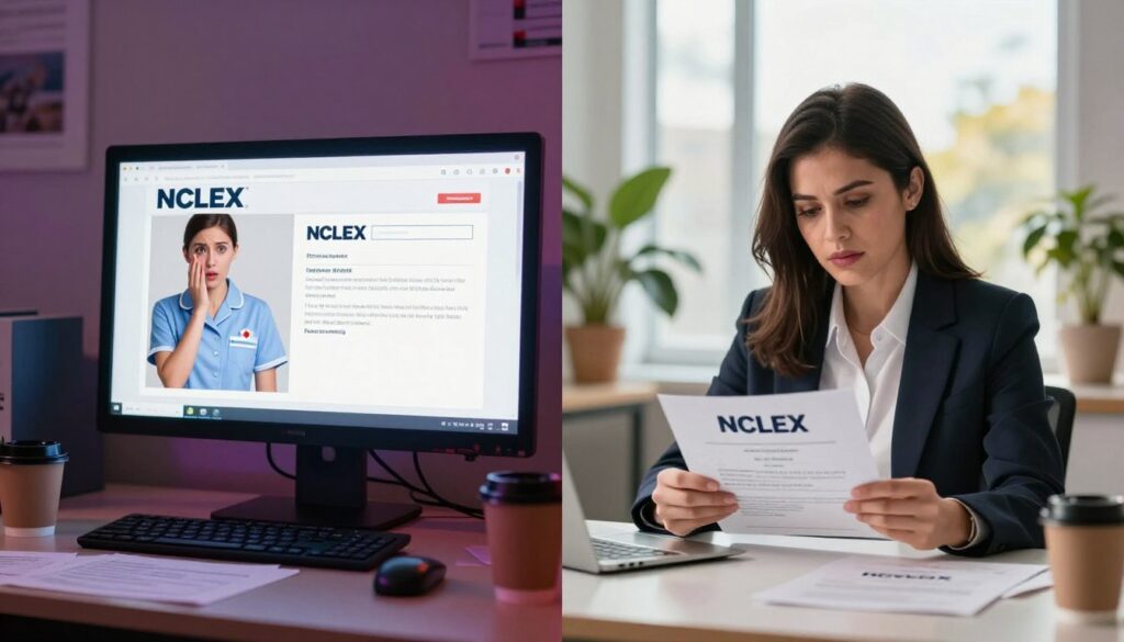 A clear split-screen image illustrating the key differences between unofficial and official NCLEX results. On the left side, depict a vibrant, slightly chaotic scene featuring a computer monitor displaying unofficial NCLEX results, with a nurse in professional attire looking anxious, surrounded by scattered papers and coffee cups, suggesting urgency and uncertainty. The lighting should be warm and slightly dim, creating a dramatic contrast. On the right side, show a tranquil setting where a nurse in business attire confidently reviews official NCLEX results on a crisp certificate, placed on a polished desk, surrounded by plants and a bright window revealing a sunny day outside. The background should be softly blurred to emphasize the two contrasting scenarios, creating an atmosphere of clarity and calm.