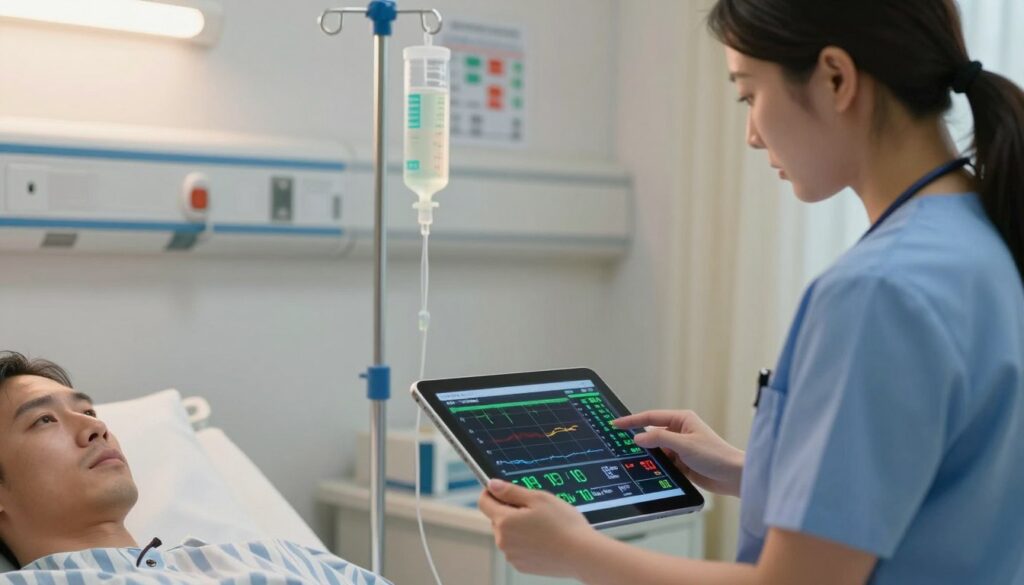 A clinical setting focusing on the concept of electrolyte balance in patient care. In the foreground, a nurse in professional scrubs, attentively analyzing a digital tablet displaying patient data with vivid electrolyte levels. In the middle, a hospital room with an IV drip and electrolyte solution in soft pastel colors, symbolizing hydration and balance. In the background, shelves lined with medical supplies and charts depicting electrolyte levels and their importance. The lighting is soft and warm, creating a calming atmosphere, while the angle is slightly tilted to give a dynamic perspective. The mood is focused and professional, conveying the critical nature of monitoring electrolyte balance in patient care. A clinical setting focusing on the concept of electrolyte balance in patient care. In the foreground, a nurse in professional scrubs, attentively analyzing a digital tablet displaying patient data with vivid electrolyte levels. In the middle, a hospital room with an IV drip and electrolyte solution in soft pastel colors, symbolizing hydration and balance. In the background, shelves lined with medical supplies and charts depicting electrolyte levels and their importance. The lighting is soft and warm, creating a calming atmosphere, while the angle is slightly tilted to give a dynamic perspective. The mood is focused and professional, conveying the critical nature of monitoring electrolyte balance in patient care.