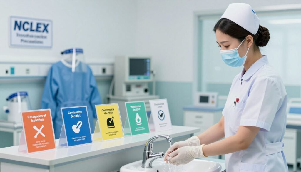 A clinical setting illustrating the concept of "Categories of Isolation Precautions" for NCLEX exam preparation. In the foreground, display a nurse in professional attire, wearing a surgical mask and gloves, demonstrating proper hand hygiene at a sink. In the middle ground, a table is set up with color-coded signs indicating different isolation categories, such as contact, droplet, and airborne precautions, alongside visual aids like face shields and gowns. In the background, an organized hospital room with sanitized equipment and a clear view of isolation signs on the walls. Soft, bright lighting highlights the importance of cleanliness and safety, creating a calm yet focused atmosphere suitable for medical learning.