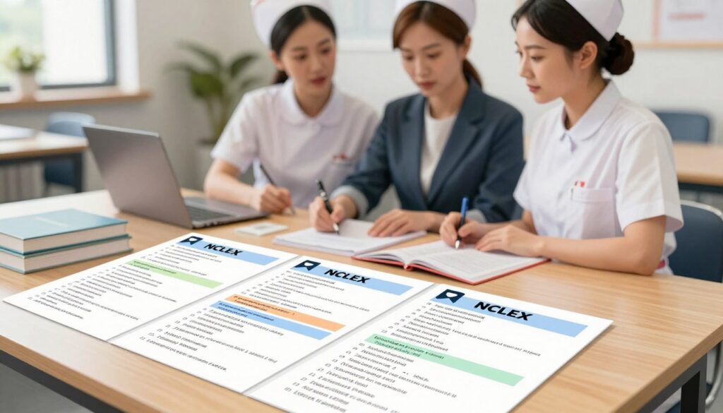 A close-up illustration of a set of NCLEX bowtie questions on a desk, featuring a clean and organized layout. The foreground showcases a wooden desk with neatly arranged exam papers displaying multiple-choice questions in a bowtie format, highlighted with color-coded sections for clarity. In the middle, a pair of professional nurses in business attire are studying together, their expressions focused and engaged, emphasizing collaboration in learning. The background is softly blurred, revealing a modern classroom or study area, bathed in warm, natural lighting to create an inviting atmosphere. A few educational materials like textbooks and a laptop can be glimpsed in the background, enhancing the scholarly setting. The mood is serious yet supportive, reflecting the dedication of individuals preparing for the NCLEX exam. A close-up illustration of a set of NCLEX bowtie questions on a desk, featuring a clean and organized layout. The foreground showcases a wooden desk with neatly arranged exam papers displaying multiple-choice questions in a bowtie format, highlighted with color-coded sections for clarity. In the middle, a pair of professional nurses in business attire are studying together, their expressions focused and engaged, emphasizing collaboration in learning. The background is softly blurred, revealing a modern classroom or study area, bathed in warm, natural lighting to create an inviting atmosphere. A few educational materials like textbooks and a laptop can be glimpsed in the background, enhancing the scholarly setting. The mood is serious yet supportive, reflecting the dedication of individuals preparing for the NCLEX exam.
