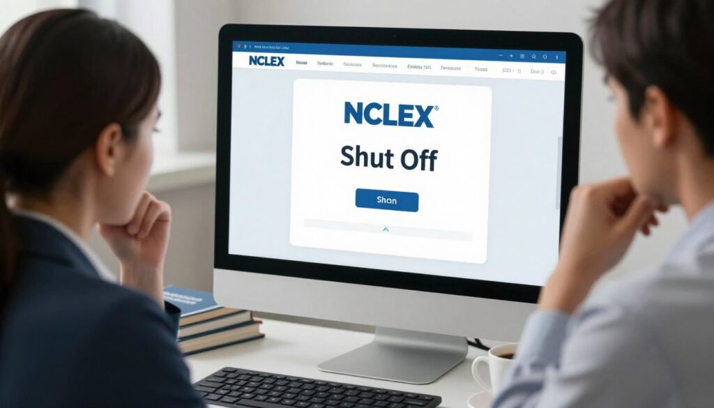 A close-up of a digital interface displaying the NCLEX exam screen, emphasizing the moment it displays "Shut Off" in an alert notification. In the foreground, a professional individual in business attire sits in a modern examination room, looking thoughtfully at the screen, highlighting a mix of determination and anxiety. The middle ground features a sleek computer monitor with soft glow emanating from the screen, showcasing a neutral color palette—blues and grays—to convey seriousness. In the background, the study space includes a small stack of nursing textbooks and a cup of coffee, suggesting a blend of preparation and stress. Bright, ambient lighting focuses on the screen, enhancing the atmosphere of tense anticipation. The image evokes a sense of urgency and reflection, capturing the adaptive nature of the NCLEX exam and its implications for test-takers.