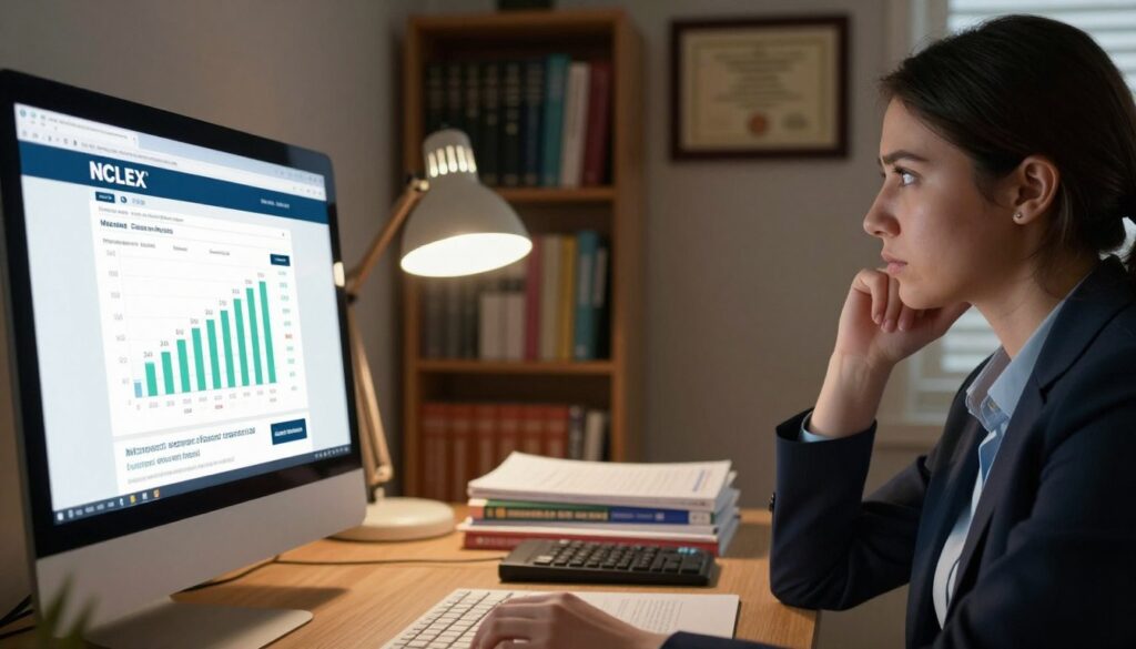 A close-up view of a computer screen displaying the unofficial NCLEX results page, showing graphs and numbers that represent test outcomes. In the foreground, a focused nursing student in professional business attire, with a look of anticipation, is sitting at a desk cluttered with study guides and a nursing textbook. The middle layer features the glow of a desk lamp illuminating the screen, casting soft shadows around. In the background, a cozy study room with bookshelves filled with nursing reference books and a framed diploma on the wall conveys a sense of achievement. The atmosphere is tense yet hopeful, with warm lighting that enhances the serious mood of awaiting important results. A close-up view of a computer screen displaying the unofficial NCLEX results page, showing graphs and numbers that represent test outcomes. In the foreground, a focused nursing student in professional business attire, with a look of anticipation, is sitting at a desk cluttered with study guides and a nursing textbook. The middle layer features the glow of a desk lamp illuminating the screen, casting soft shadows around. In the background, a cozy study room with bookshelves filled with nursing reference books and a framed diploma on the wall conveys a sense of achievement. The atmosphere is tense yet hopeful, with warm lighting that enhances the serious mood of awaiting important results.