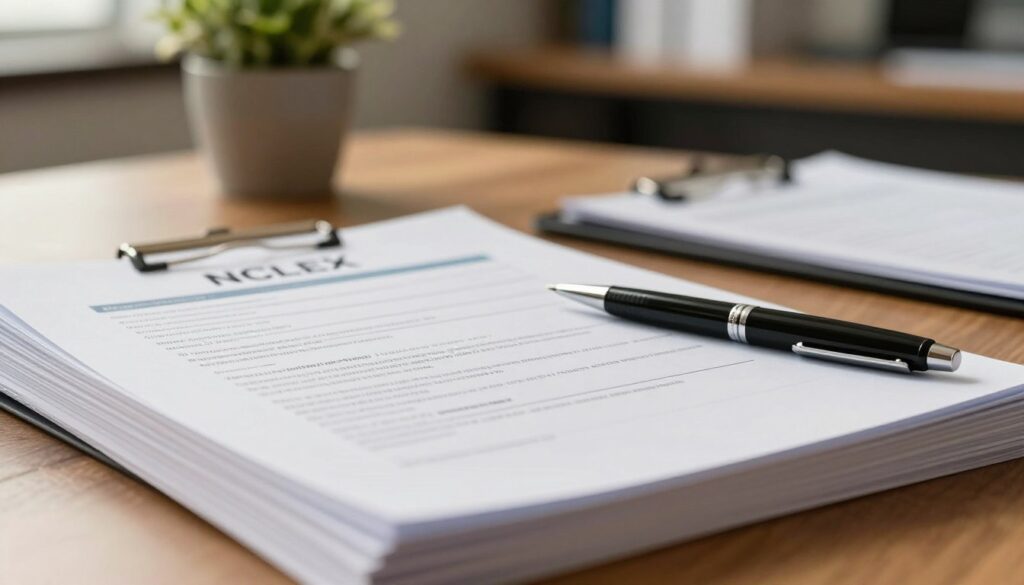 A close-up view of a neatly arranged stack of NCLEX application documents, prominently featuring official transcripts, alongside a professional black pen and a clipboard. The foreground includes detailed textures of the paper with visible watermarking and a subtle sheen. In the middle, a blurred background of a softly lit office environment, with a potted plant and a wooden desk that enhances the professional atmosphere. The lighting is warm and inviting, casting gentle shadows, while the angle is slightly elevated to focus on the documents. The mood is serious and academic, reflecting the importance of these documents in the NCLEX application process. No text or watermarks are present in the image. A close-up view of a neatly arranged stack of NCLEX application documents, prominently featuring official transcripts, alongside a professional black pen and a clipboard. The foreground includes detailed textures of the paper with visible watermarking and a subtle sheen. In the middle, a blurred background of a softly lit office environment, with a potted plant and a wooden desk that enhances the professional atmosphere. The lighting is warm and inviting, casting gentle shadows, while the angle is slightly elevated to focus on the documents. The mood is serious and academic, reflecting the importance of these documents in the NCLEX application process. No text or watermarks are present in the image.