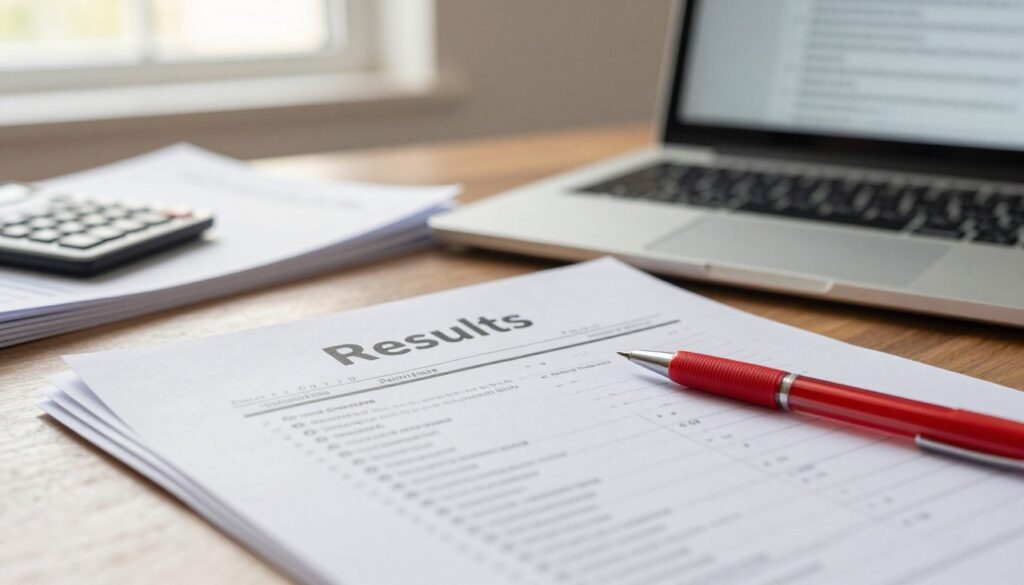 A close-up view of a neatly arranged stack of NCLEX test results papers, prominently displaying the word "Results" at the top. The foreground features a red pen and a highlighter to symbolize the review process. In the middle, blurred slightly for depth, there's a laptop with an open NCLEX study guide and a calculator indicating a sense of urgency. The background has soft, diffused lighting with a warm tone, reminiscent of a study space, and a blurred window letting in gentle daylight. The overall atmosphere is tense yet hopeful, reflecting the emotions of a nursing student facing the reality of possibly failing their exam. The image should evoke determination and contemplation, with an emphasis on professionalism.