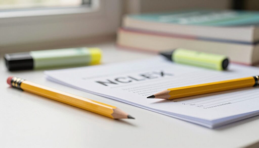 A close-up view of a neatly organized workspace for the NCLEX exam, featuring two sharp, yellow No. 2 pencils prominently in the foreground. The pencils are positioned parallel on a clean, white surface, showcasing their erasers and points. In the middle, a crisp, white exam sheet is slightly askew, hinting at the importance of preparation. The background includes a soft-focus stack of review books and a highlighter in muted colors, illuminated by warm natural light streaming in from a nearby window. The atmosphere is calm and studious, emphasizing a sense of readiness and focus. The composition is shot with a shallow depth of field to draw attention to the pencils and the exam materials. A close-up view of a neatly organized workspace for the NCLEX exam, featuring two sharp, yellow No. 2 pencils prominently in the foreground. The pencils are positioned parallel on a clean, white surface, showcasing their erasers and points. In the middle, a crisp, white exam sheet is slightly askew, hinting at the importance of preparation. The background includes a soft-focus stack of review books and a highlighter in muted colors, illuminated by warm natural light streaming in from a nearby window. The atmosphere is calm and studious, emphasizing a sense of readiness and focus. The composition is shot with a shallow depth of field to draw attention to the pencils and the exam materials.