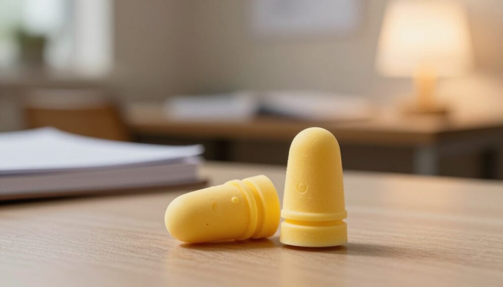 A close-up view of a pair of high-quality earplugs designed for exam use, positioned prominently in the foreground on a soft, textured surface. The earplugs should be vibrant in color, showcasing their ergonomic design and features like noise-canceling qualities. In the middle ground, include a blurred background featuring a serene study environment with a desk, books, and a softly lit lamp, creating a calm and focused atmosphere. The lighting should be warm and inviting, with soft shadows enhancing the details of the earplugs. Capture the essence of concentration and preparation, emphasizing the practical benefits and considerations of wearing earplugs during a high-stakes exam like the NCLEX.