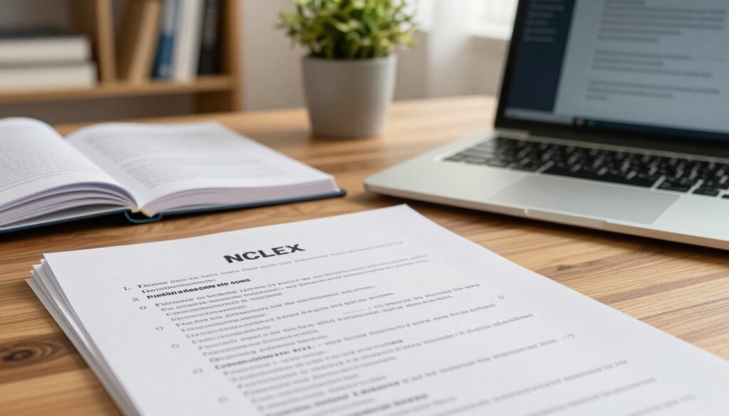A close-up view of a professional-looking NCLEX exam question paper, neatly arranged on a wooden desk. The foreground features a stack of question papers with clear, crisp text, showcasing a variety of nursing-related scenarios. In the middle ground, there's a sleek, modern laptop with nursing textbooks open, slightly angled to observe study notes. The background features a softly lit study area, complete with a bookshelf filled with medical books and a potted plant, creating a calming atmosphere. The lighting is warm and inviting, suggesting a focused study session. The overall mood conveys diligence and professionalism, emphasizing the structure of the NCLEX exam and the importance of preparation in passing. A close-up view of a professional-looking NCLEX exam question paper, neatly arranged on a wooden desk. The foreground features a stack of question papers with clear, crisp text, showcasing a variety of nursing-related scenarios. In the middle ground, there's a sleek, modern laptop with nursing textbooks open, slightly angled to observe study notes. The background features a softly lit study area, complete with a bookshelf filled with medical books and a potted plant, creating a calming atmosphere. The lighting is warm and inviting, suggesting a focused study session. The overall mood conveys diligence and professionalism, emphasizing the structure of the NCLEX exam and the importance of preparation in passing.