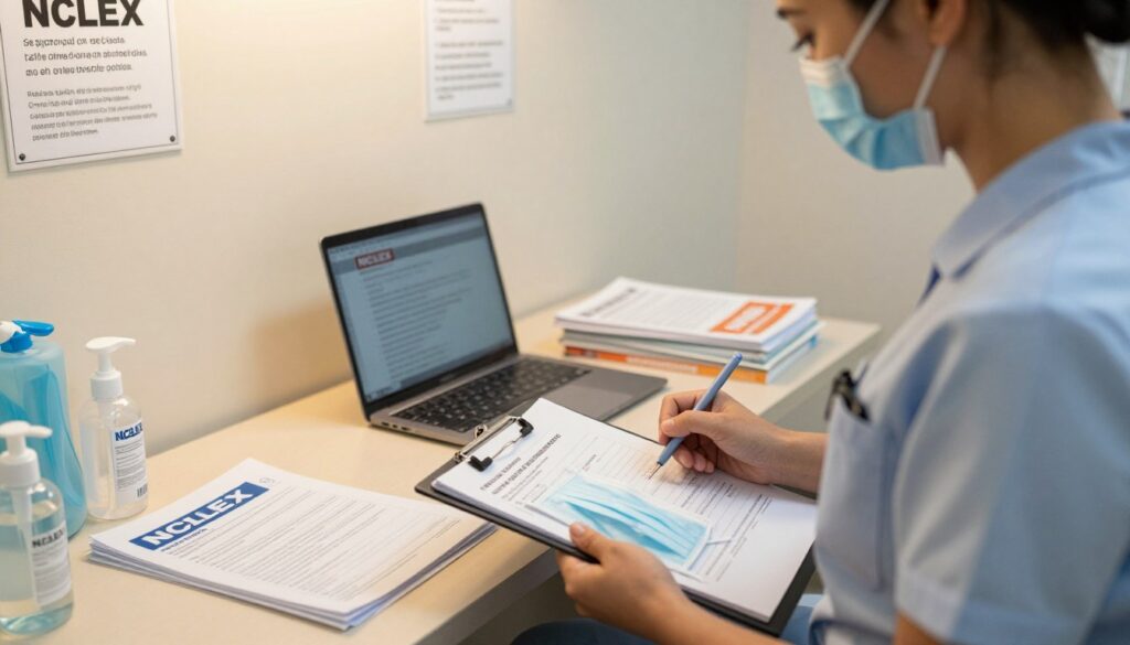 A close-up view of a professional nursing exam room designed to reflect NCLEX exam safety protocols. In the foreground, a nurse in professional business attire is meticulously checking various safety items on a clipboard, including hand sanitizers, masks, and PPE equipment. The middle ground features an organized desk with NCLEX exam materials, including a laptop and study guides, all arranged neatly. The background showcases a well-lit examination space with safety signage on the walls, emphasizing crucial safety topics. The atmosphere is calm and focused, with soft, warm lighting creating a reassuring environment. The angle is slightly elevated, capturing a sense of professionalism and preparedness in a clinical setting.
