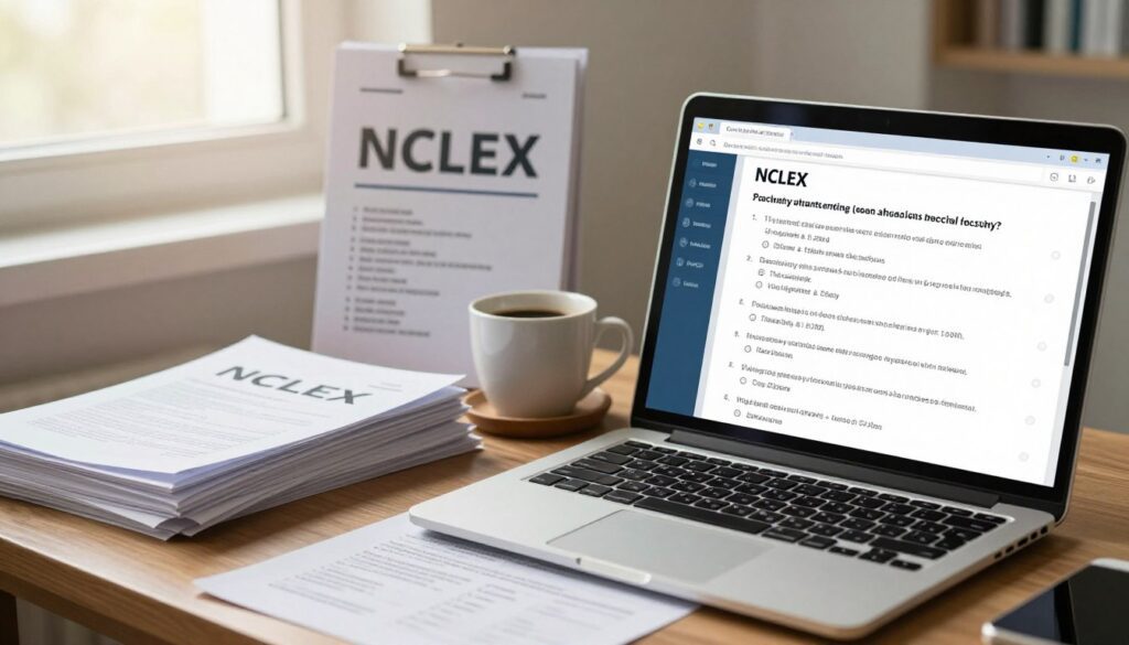 A close-up view of a series of NCLEX exam queries displayed on a well-organized desk. In the foreground, a wooden desk adorned with neatly stacked papers and a laptop open to a practice test interface, featuring stylized questions and answer choices. In the middle ground, a clinical study guide sits beside a cup of coffee, symbolizing preparation efforts. In the background, soft sunlight filters through a window, casting a warm hue that creates a focused, studious atmosphere. The scene evokes a sense of determination and clarity, perfect for understanding common myths about the NCLEX. The overall mood is professional and inviting, emphasizing an environment conducive to learning. A close-up view of a series of NCLEX exam queries displayed on a well-organized desk. In the foreground, a wooden desk adorned with neatly stacked papers and a laptop open to a practice test interface, featuring stylized questions and answer choices. In the middle ground, a clinical study guide sits beside a cup of coffee, symbolizing preparation efforts. In the background, soft sunlight filters through a window, casting a warm hue that creates a focused, studious atmosphere. The scene evokes a sense of determination and clarity, perfect for understanding common myths about the NCLEX. The overall mood is professional and inviting, emphasizing an environment conducive to learning.