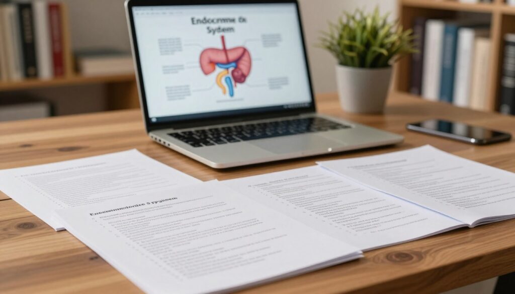 A close-up view of a series of exam questions on an elegant wooden desk, featuring specific queries related to diabetes management in the context of the endocrine system. In the foreground, a stack of neatly arranged papers contains questions with clear, handwritten notes in the margins. In the middle, a professional-looking laptop displays a diagram of the endocrine system, emphasizing the pancreas and insulin production. The background is softly blurred, showcasing a bookshelf filled with medical textbooks and a potted plant, creating a study atmosphere. The lighting is warm and inviting, with a focus on the desk area, evoking a sense of calm and focus. The angle is slightly overhead, capturing the entire scene without distractions.