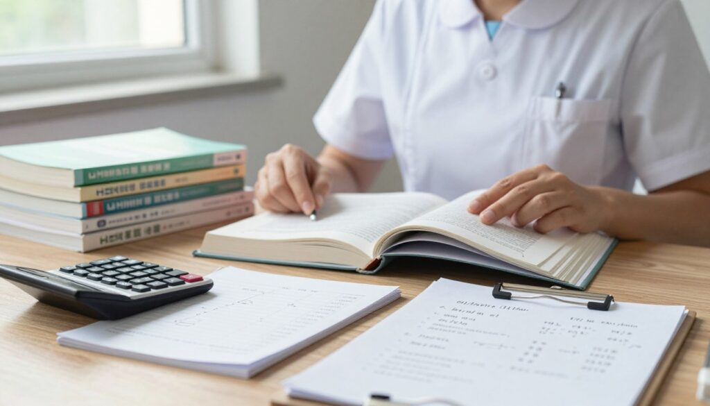 A close-up view of a wooden desk covered with various math calculations related to nursing dosage, featuring a neatly arranged stack of nursing textbooks and notes. In the foreground, a calculator and a clipboard with dosage formulas like "ml/hour" and "mg/kg" can be seen. The middle layer showcases a nurse in professional attire analyzing the textbook, emphasizing focus and determination. Soft, natural lighting filters in from a window in the background, creating a calm and studious atmosphere. Out of focus, a chart on medication conversion hangs on the wall, subtly adding context to the image without overwhelming the viewer. The composition conveys a sense of professionalism and the significance of math in nursing education. A close-up view of a wooden desk covered with various math calculations related to nursing dosage, featuring a neatly arranged stack of nursing textbooks and notes. In the foreground, a calculator and a clipboard with dosage formulas like "ml/hour" and "mg/kg" can be seen. The middle layer showcases a nurse in professional attire analyzing the textbook, emphasizing focus and determination. Soft, natural lighting filters in from a window in the background, creating a calm and studious atmosphere. Out of focus, a chart on medication conversion hangs on the wall, subtly adding context to the image without overwhelming the viewer. The composition conveys a sense of professionalism and the significance of math in nursing education.