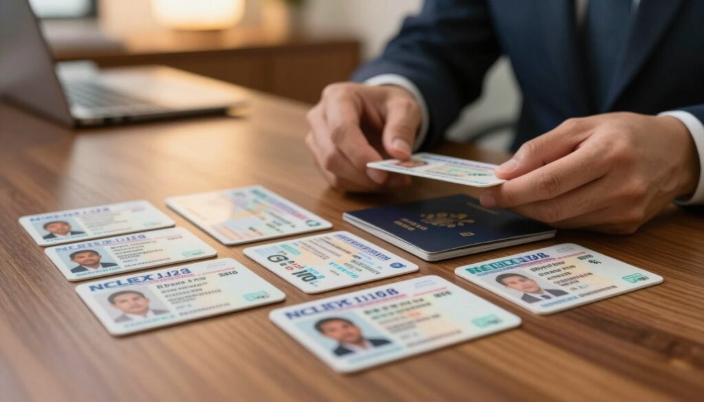 A close-up view of various types of identification cards laid out on a polished wooden table, including a driver's license, a passport, and a nursing license. In the foreground, the cards are arranged in an aesthetically pleasing manner, with their important details deliberately angled for visibility. In the middle ground, a pair of professional hands in a business attire are carefully examining the cards, emphasizing the scrutiny involved in the identification process. The background features a softly blurred office setting, with a warm ambient light casting a welcoming glow, reflecting diligence and professionalism. The overall mood is serious yet informative, capturing the essence of preparedness required for the NCLEX exam.