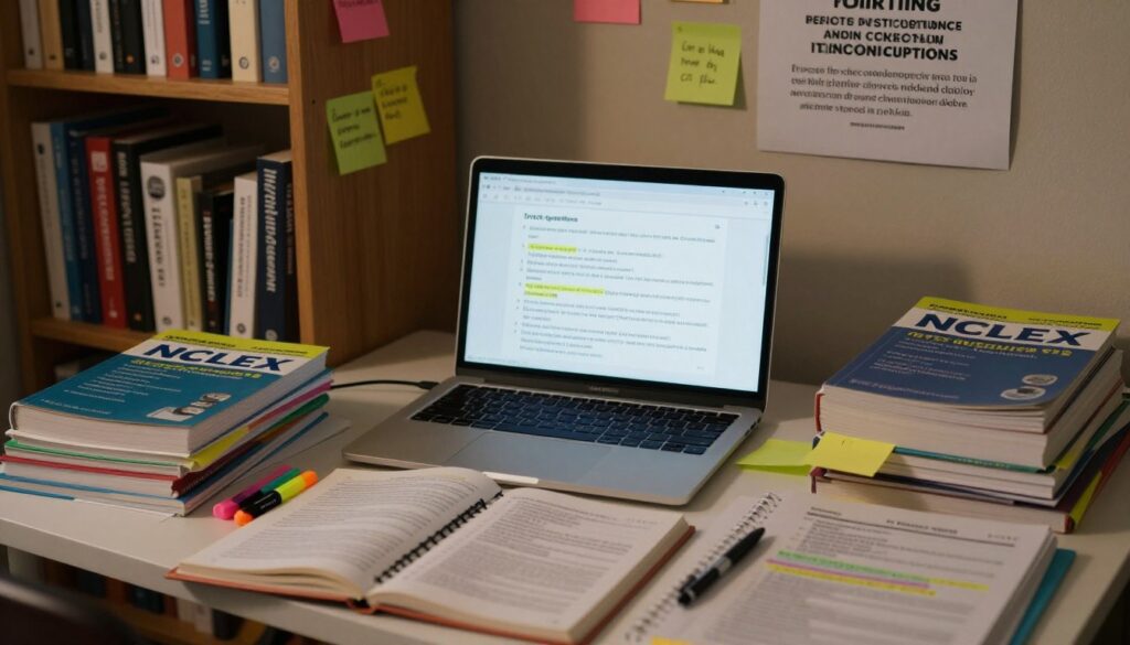 A cluttered study environment depicting the concept of "trick questions" in NCLEX exams. Foreground features a desk covered with NCLEX review books, highlighters, and notepads, showcasing a focus on education. In the middle, an open laptop displays a simulated NCLEX question with highlighted keywords, emphasizing the idea of critical thinking. The background includes a bookshelf filled with nursing textbooks, colorful sticky notes, and a motivational poster about overcoming misconceptions. Soft, warm lighting creates an inviting atmosphere, with shadows adding depth. Capture the scene from a slightly elevated angle, ensuring a clear view of the desk while implying engagement and concentration in the study process. The overall mood is reflective and determined, representing the effort to navigate the complexities of nursing examinations.