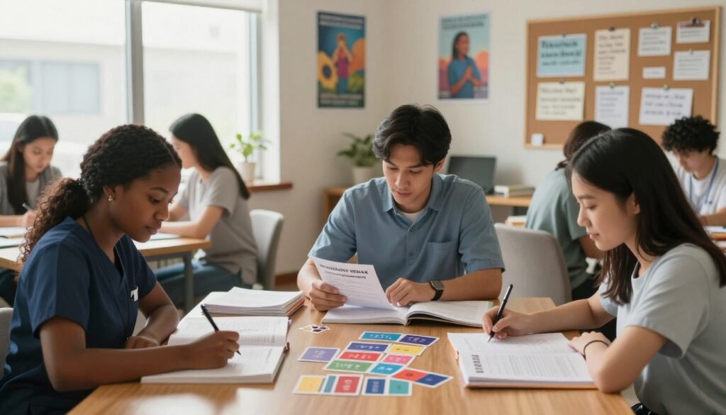 A composition focused on a dedicated nursing student studying for the NCLEX exam. In the foreground, a diverse group of individuals (a Black woman, a Hispanic man, and an Asian woman) sit at a wooden study table cluttered with NCLEX practice question books and colorful flashcards. The middle ground features a large, soft-lit window casting natural light across the scene, enhancing the atmosphere of concentration and diligence. In the background, a cozy, organized study area decorated with educational posters and a bulletin board filled with motivational quotes creates an encouraging environment. The overall mood is one of determination and optimism, with warm lighting creating an inviting and supportive ambiance for learning. A composition focused on a dedicated nursing student studying for the NCLEX exam. In the foreground, a diverse group of individuals (a Black woman, a Hispanic man, and an Asian woman) sit at a wooden study table cluttered with NCLEX practice question books and colorful flashcards. The middle ground features a large, soft-lit window casting natural light across the scene, enhancing the atmosphere of concentration and diligence. In the background, a cozy, organized study area decorated with educational posters and a bulletin board filled with motivational quotes creates an encouraging environment. The overall mood is one of determination and optimism, with warm lighting creating an inviting and supportive ambiance for learning.