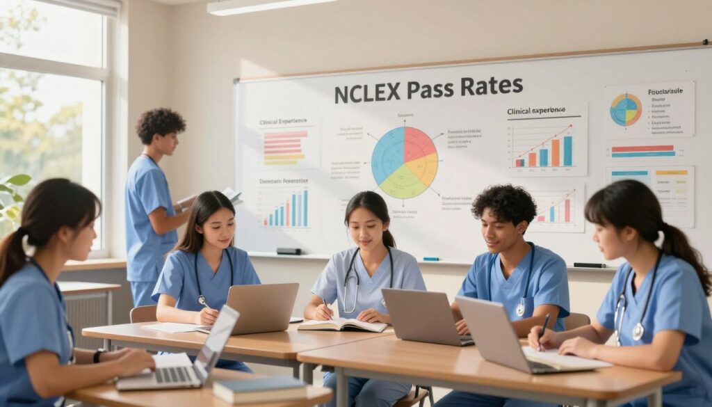A conceptual illustration of factors influencing NCLEX pass rates, set in a modern classroom environment. In the foreground, a diverse group of nursing students in professional attire, engaged in collaborative study with books and laptops. In the middle, a large whiteboard filled with colorful diagrams and statistics representing various influences, such as study habits, clinical experience, and exam preparation. In the background, a window showcasing a sunny day, casting warm light on the scene. The mood is optimistic and focused, highlighting determination and teamwork. Use soft, natural lighting to enhance the professional atmosphere, with a slightly shallow depth of field to emphasize the students and the whiteboard details.