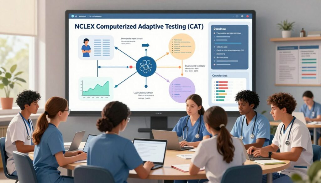 A conceptual illustration of the NCLEX Computerized Adaptive Testing (CAT) algorithm, featuring a computer interface displaying a dynamic question flow with abstract representations of nursing concepts, such as patient care and medical charts. In the foreground, include a diverse group of nursing students in professional attire, focused and engaged in studying, surrounded by study materials like textbooks and laptops. The middle ground shows a large screen with colorful graphs and statistics, representing adaptive learning paths and performance analysis. The background features a serene study environment with soft, natural lighting streaming in through a window, creating an atmosphere of motivation and focus, highlighting the essence of strategic preparation for NCLEX CAT.