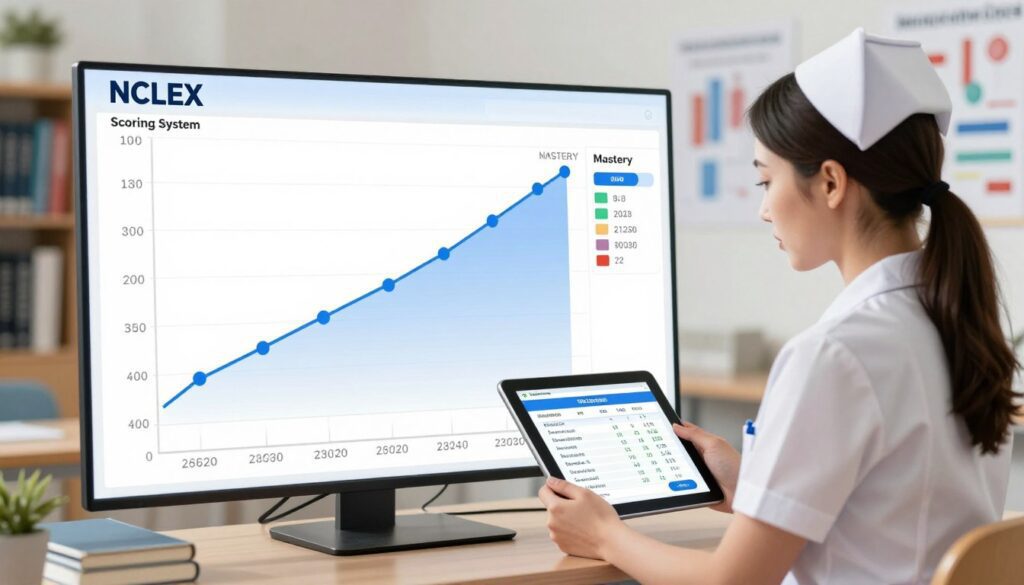 A conceptual illustration of the NCLEX scoring system, focused on the analytical aspects of test performance. In the foreground, a professional-looking nurse in business attire is diligently examining a digital tablet displaying NCLEX score metrics. The middle section features a large, stylized graph with plotted data points illustrating varying score intervals, clearly indicating mastery levels. The background shows a softly blurred classroom setting, enhancing the study theme, with shelves of nursing textbooks and charts on the wall. The overall lighting is bright and focused, creating an atmosphere of professionalism and dedication. The angle is slightly overhead, emphasizing both the nurse and the critical data, inviting viewers to engage with the information presented.