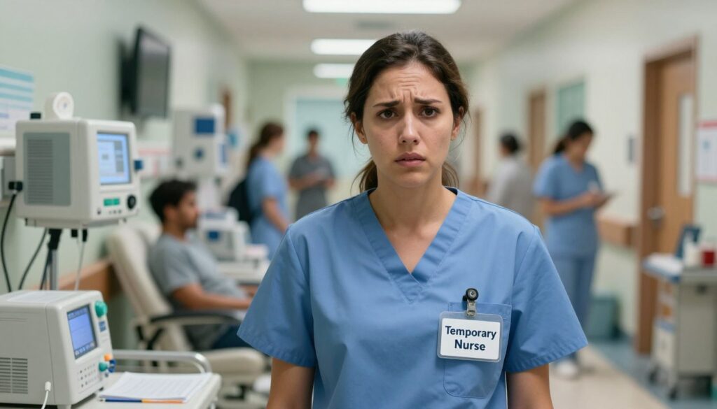 A concerned nurse stands in a busy hospital hallway, appearing frustrated and overwhelmed while wearing scrubs and a name tag that reads "Temporary Nurse." In the foreground, her face shows a mix of determination and anxiety, suggesting the challenges of working without a license. In the middle ground, medical equipment and patient charts surround her, emphasizing the professional environment she operates within. The background features a blurred view of patients and healthcare staff, creating a sense of urgency. The lighting is bright yet slightly harsh, mimicking the fluorescent lights of a hospital. The overall mood conveys the weight of responsibility and the limitations faced in the nursing profession, particularly before passing the NCLEX. A concerned nurse stands in a busy hospital hallway, appearing frustrated and overwhelmed while wearing scrubs and a name tag that reads "Temporary Nurse." In the foreground, her face shows a mix of determination and anxiety, suggesting the challenges of working without a license. In the middle ground, medical equipment and patient charts surround her, emphasizing the professional environment she operates within. The background features a blurred view of patients and healthcare staff, creating a sense of urgency. The lighting is bright yet slightly harsh, mimicking the fluorescent lights of a hospital. The overall mood conveys the weight of responsibility and the limitations faced in the nursing profession, particularly before passing the NCLEX.