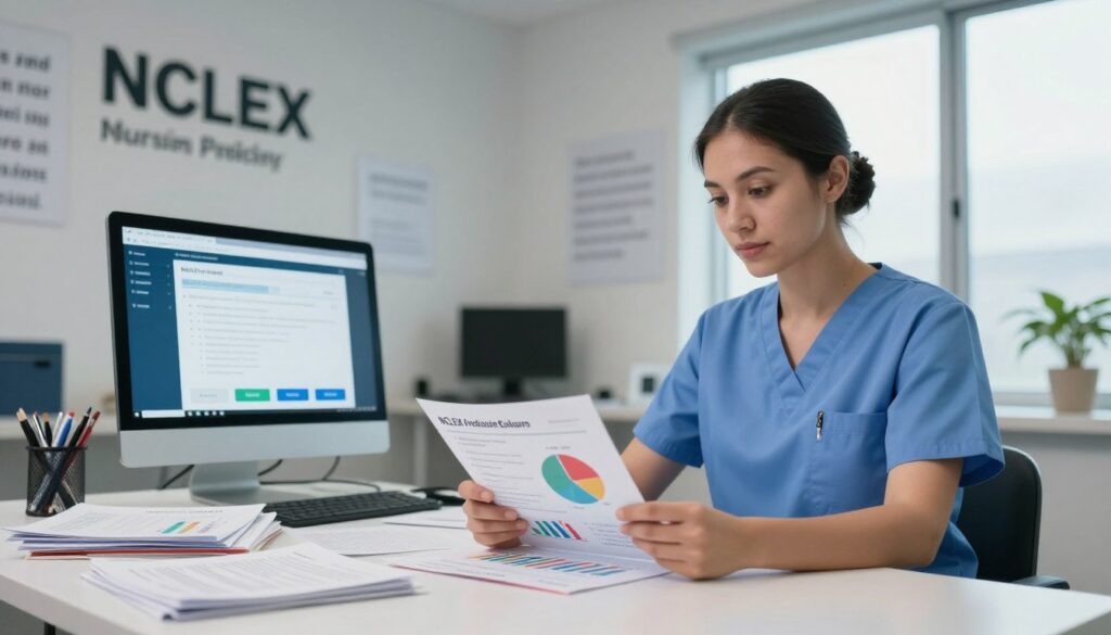 A confident nursing professional, dressed in smart scrubs, stands in a well-lit, modern testing room, surrounded by various NCLEX exam materials scattered on a table. In the foreground, the nurse is analyzing a colorful chart displaying NCLEX predictor exam accuracy statistics, with elements like pie charts and bar graphs. The middle layer features a sleek computer monitor showing an NCLEX study software interface, while the background reveals a wall adorned with inspirational nursing quotes and a window letting in soft, natural light, creating a calm and focused atmosphere. The overall mood conveys professionalism and determination, emphasizing the importance of accuracy in predictor exams for nursing success. Capture this scene with a balanced composition, using a slightly low angle to emphasize the nurse’s engagement and the significance of her task. A confident nursing professional, dressed in smart scrubs, stands in a well-lit, modern testing room, surrounded by various NCLEX exam materials scattered on a table. In the foreground, the nurse is analyzing a colorful chart displaying NCLEX predictor exam accuracy statistics, with elements like pie charts and bar graphs. The middle layer features a sleek computer monitor showing an NCLEX study software interface, while the background reveals a wall adorned with inspirational nursing quotes and a window letting in soft, natural light, creating a calm and focused atmosphere. The overall mood conveys professionalism and determination, emphasizing the importance of accuracy in predictor exams for nursing success. Capture this scene with a balanced composition, using a slightly low angle to emphasize the nurse’s engagement and the significance of her task.