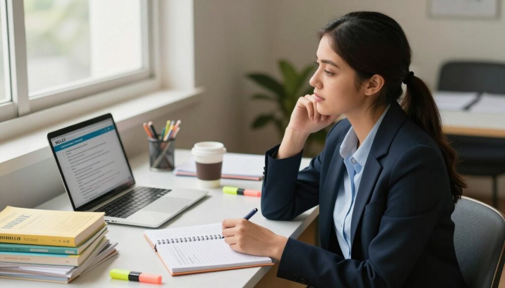 A confident nursing student sits at a desk, surrounded by study materials featuring textbooks, notes, and a laptop displaying NCLEX practice questions. In the foreground, the student, dressed in professional business attire, looks thoughtfully at a notebook, evaluating her knowledge. The middle layer features a well-organized study space with a cup of coffee and highlighters scattered around, symbolizing dedication to her preparation. The background showcases a warm, inviting study environment with soft, natural light flooding through a window, creating a calm atmosphere conducive to self-assessment. The overall mood is focused and determined, capturing the essence of readiness for the NCLEX exam. A confident nursing student sits at a desk, surrounded by study materials featuring textbooks, notes, and a laptop displaying NCLEX practice questions. In the foreground, the student, dressed in professional business attire, looks thoughtfully at a notebook, evaluating her knowledge. The middle layer features a well-organized study space with a cup of coffee and highlighters scattered around, symbolizing dedication to her preparation. The background showcases a warm, inviting study environment with soft, natural light flooding through a window, creating a calm atmosphere conducive to self-assessment. The overall mood is focused and determined, capturing the essence of readiness for the NCLEX exam.