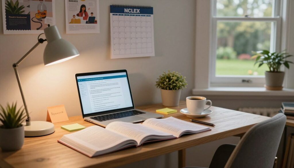 A cozy and inspiring study environment designed for NCLEX preparation, featuring a well-organized desk with open textbooks, a laptop displaying study resources, colorful sticky notes, and a cup of coffee. In the foreground, a neatly arranged study space is illuminated by warm, soft lighting from a stylish desk lamp, casting gentle shadows. The middle ground shows a motivating wall with educational posters and a calendar for study goals, while a comfortable chair sits invitingly. In the background, a window allows natural light to pour in, revealing a view of a peaceful garden, enhancing the calm atmosphere. The overall mood should be focused and uplifting, ideal for concentration and motivation. A cozy and inspiring study environment designed for NCLEX preparation, featuring a well-organized desk with open textbooks, a laptop displaying study resources, colorful sticky notes, and a cup of coffee. In the foreground, a neatly arranged study space is illuminated by warm, soft lighting from a stylish desk lamp, casting gentle shadows. The middle ground shows a motivating wall with educational posters and a calendar for study goals, while a comfortable chair sits invitingly. In the background, a window allows natural light to pour in, revealing a view of a peaceful garden, enhancing the calm atmosphere. The overall mood should be focused and uplifting, ideal for concentration and motivation.
