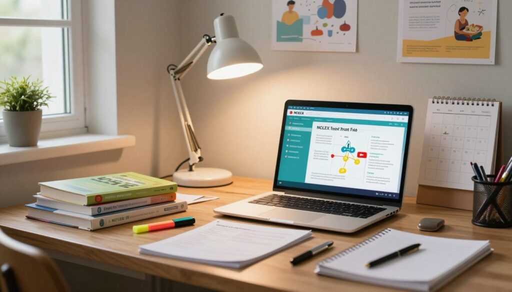 A cozy and organized study space featuring a laptop open to a colorful NCLEX test prep video on YouTube, displaying a clear and engaging diagram related to nursing concepts. The foreground includes neatly arranged study materials like textbooks, highlighters, and notebooks, emphasizing a productive study schedule. In the middle, include a bright desk lamp illuminating the workspace, surrounded by a calendar marking study sessions. The background shows a peaceful wall with educational posters and soft natural light filtering in through a window, creating a warm and inviting atmosphere. The composition should have an inviting mood, suggesting focus and determination, capturing the essence of effective exam preparation without any distractions or clutter.