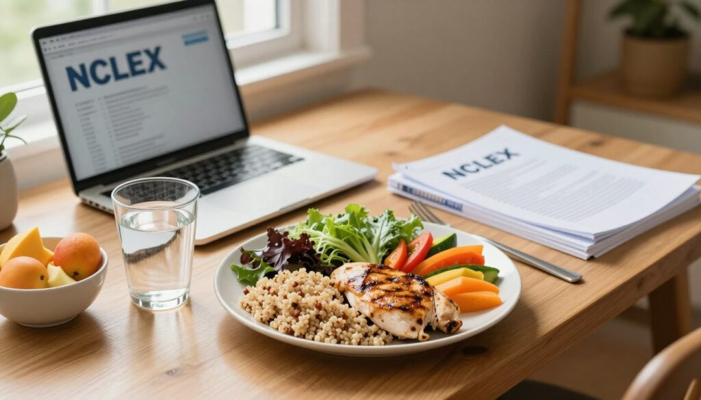 A cozy, inviting break scene depicting a nutritious meal ideal for NCLEX exam takers. In the foreground, a plate filled with a balanced meal featuring grilled chicken, quinoa, mixed greens, and a colorful assortment of fresh vegetables. A glass of water and a small bowl of fruit accompany the plate, emphasizing hydration and health. In the middle ground, a well-lit table with a laptop and NCLEX study materials indicates preparation and focus. Soft, natural lighting filters in from a window in the background, creating a calm atmosphere. The overall mood is one of relaxation and rejuvenation, perfect for a brief study break. Use a warm color palette and a slight overhead angle to capture the scene effectively. No people are present, keeping the focus on the meal and study setup. A cozy, inviting break scene depicting a nutritious meal ideal for NCLEX exam takers. In the foreground, a plate filled with a balanced meal featuring grilled chicken, quinoa, mixed greens, and a colorful assortment of fresh vegetables. A glass of water and a small bowl of fruit accompany the plate, emphasizing hydration and health. In the middle ground, a well-lit table with a laptop and NCLEX study materials indicates preparation and focus. Soft, natural lighting filters in from a window in the background, creating a calm atmosphere. The overall mood is one of relaxation and rejuvenation, perfect for a brief study break. Use a warm color palette and a slight overhead angle to capture the scene effectively. No people are present, keeping the focus on the meal and study setup.