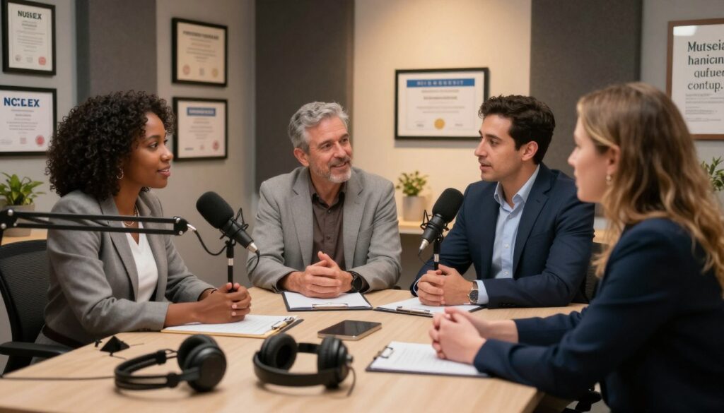A cozy, modern podcast studio set up for NCLEX prep discussions. In the foreground, a microphone and headphones on a desk, symbolizing audio content creation. In the middle, a diverse group of three experts—one African American woman, one Hispanic man, and one Caucasian woman—gathered around the table, engaged in animated discussion. They are dressed in professional business attire, exuding an atmosphere of collaboration and expertise. In the background, soundproof walls are adorned with nursing-related certifications and inspirational quotes. Soft, warm lighting casts a welcoming glow, creating an inviting yet focused atmosphere for learning. The camera angle captures the dynamic interaction among the experts while blurring the background gently to emphasize their engagement and professionalism. A cozy, modern podcast studio set up for NCLEX prep discussions. In the foreground, a microphone and headphones on a desk, symbolizing audio content creation. In the middle, a diverse group of three experts—one African American woman, one Hispanic man, and one Caucasian woman—gathered around the table, engaged in animated discussion. They are dressed in professional business attire, exuding an atmosphere of collaboration and expertise. In the background, soundproof walls are adorned with nursing-related certifications and inspirational quotes. Soft, warm lighting casts a welcoming glow, creating an inviting yet focused atmosphere for learning. The camera angle captures the dynamic interaction among the experts while blurring the background gently to emphasize their engagement and professionalism.